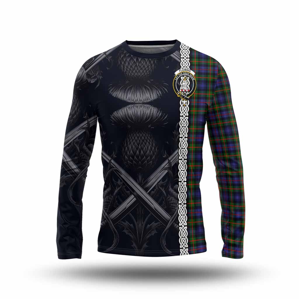 Tartan Vibes Clothing Fleming Tartan Long Sleeve T-Shirt with Family Crest Cross Sword Thistle Celtic Vibes