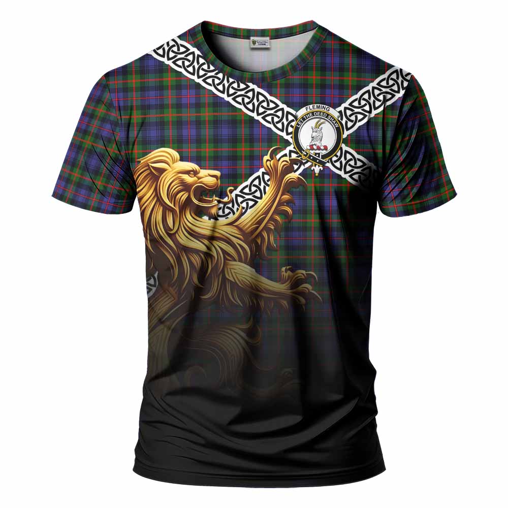 Tartan Vibes Clothing Fleming Crest Tartan T-Shirt with Golden Lion Emblem Celtic Style