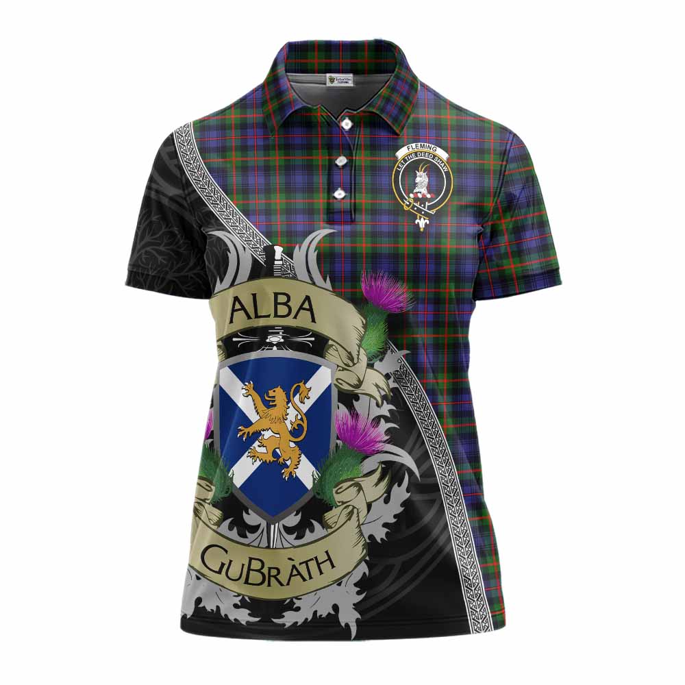Tartan Vibes Clothing Fleming Tartan Family Crest Women's Polo Shirt Lion Rampant Royal Thistle Shield Celtic Inspired