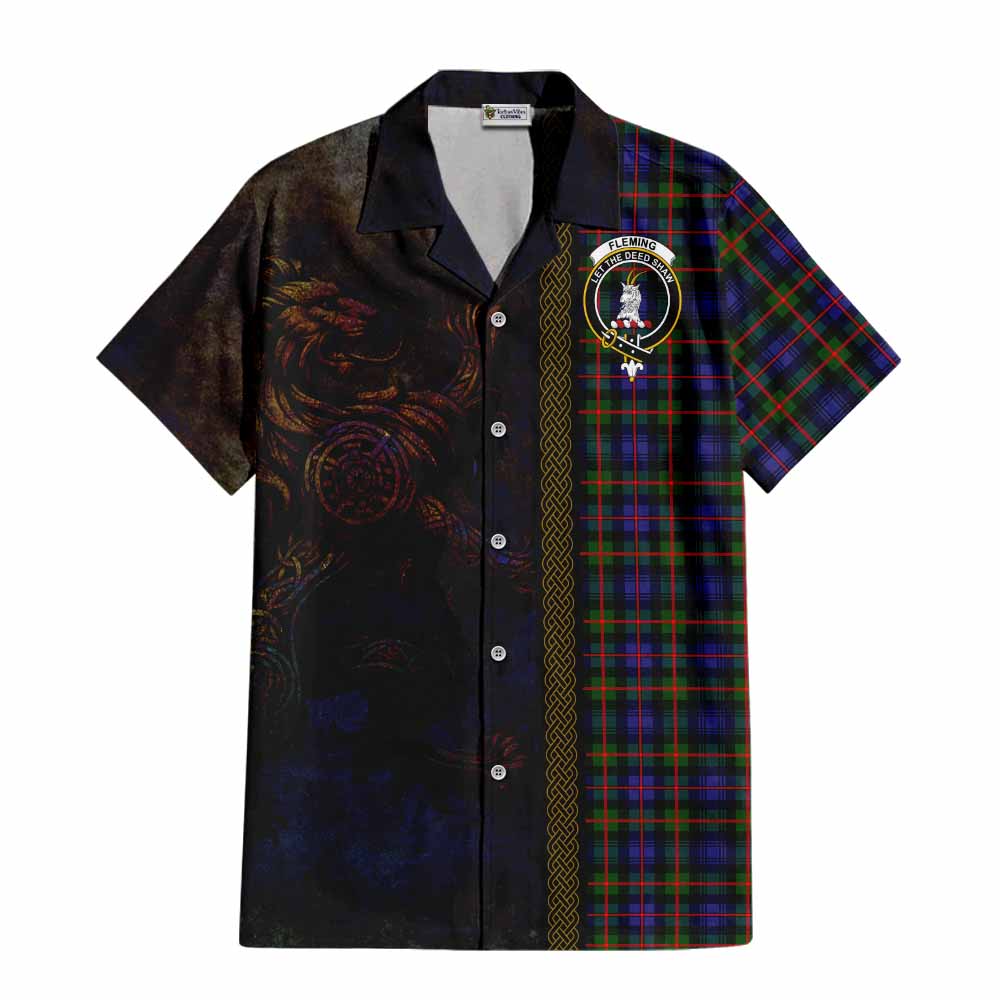Tartan Vibes Clothing Fleming Tartan Family Crest Short Sleeve Button Shirt Alba Gu Brath Be Brave Lion Ancient Style