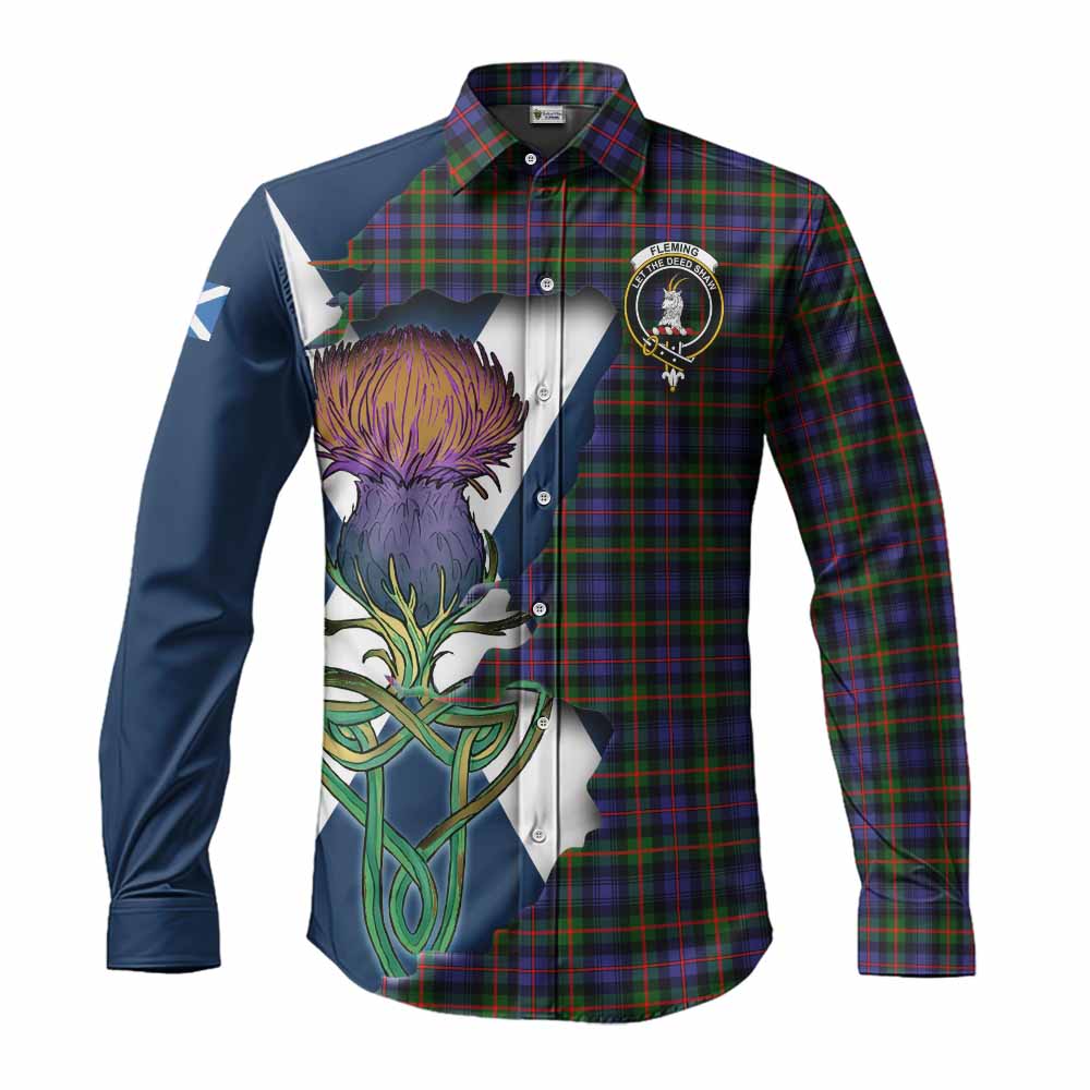 Tartan Vibes Clothing Fleming Tartan Family Crest Long Sleeve Button Shirt Scottish Thistle Celtic Inspired
