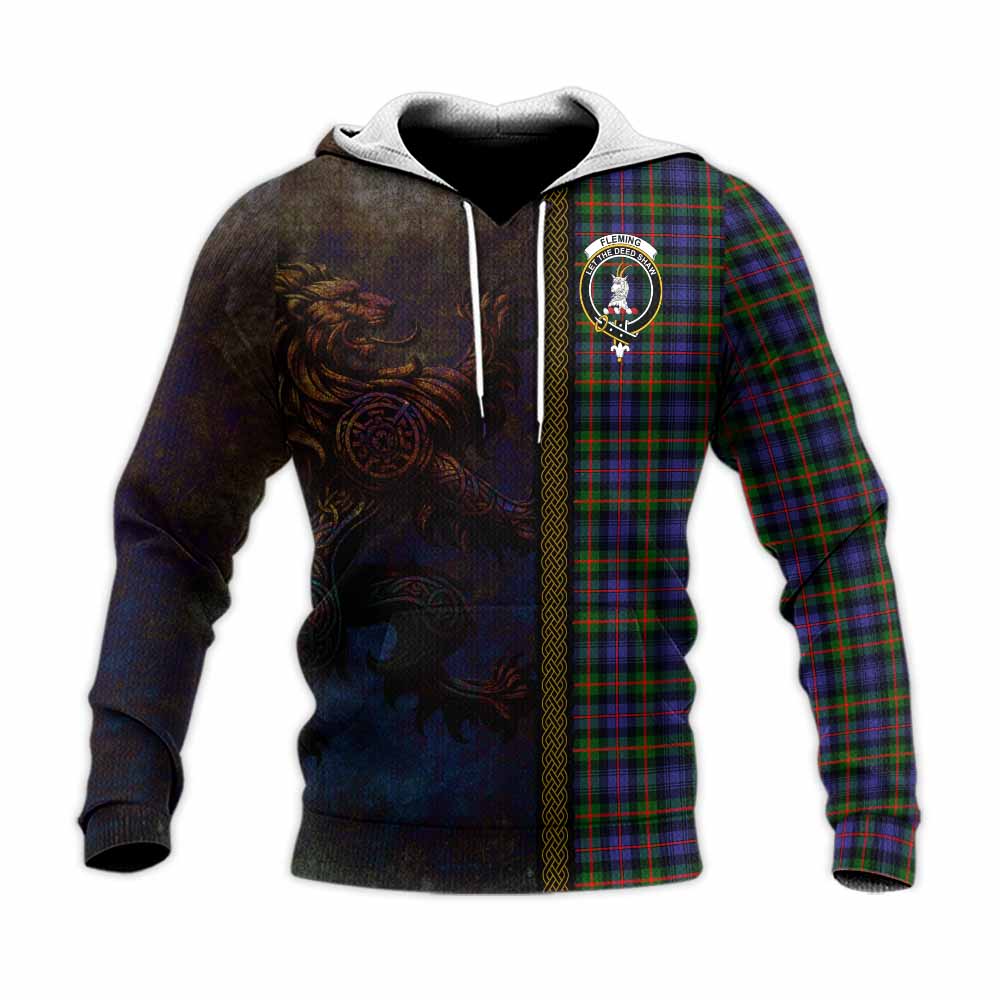 Tartan Vibes Clothing Fleming Tartan Family Crest Knitted Hoodie Alba Gu Brath Be Brave Lion Ancient Style