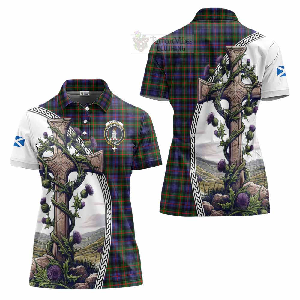 Tartan Vibes Clothing Fleming Tartan Women's Polo Shirt with Family Crest and St. Andrew's Cross Accented by Thistle Vines