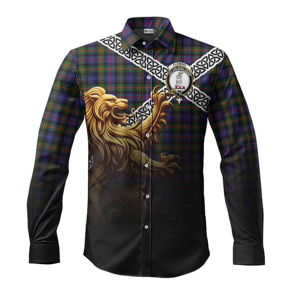 Tartan Vibes Clothing Fleming Crest Tartan Long Sleeve Button Shirt with Golden Lion Emblem Celtic Style
