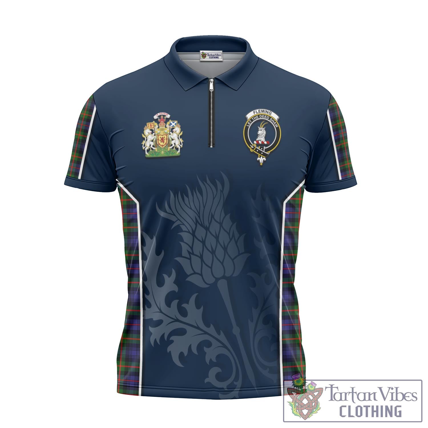 Tartan Vibes Clothing Fleming Tartan Zipper Polo Shirt with Family Crest and Scottish Thistle Vibes Sport Style