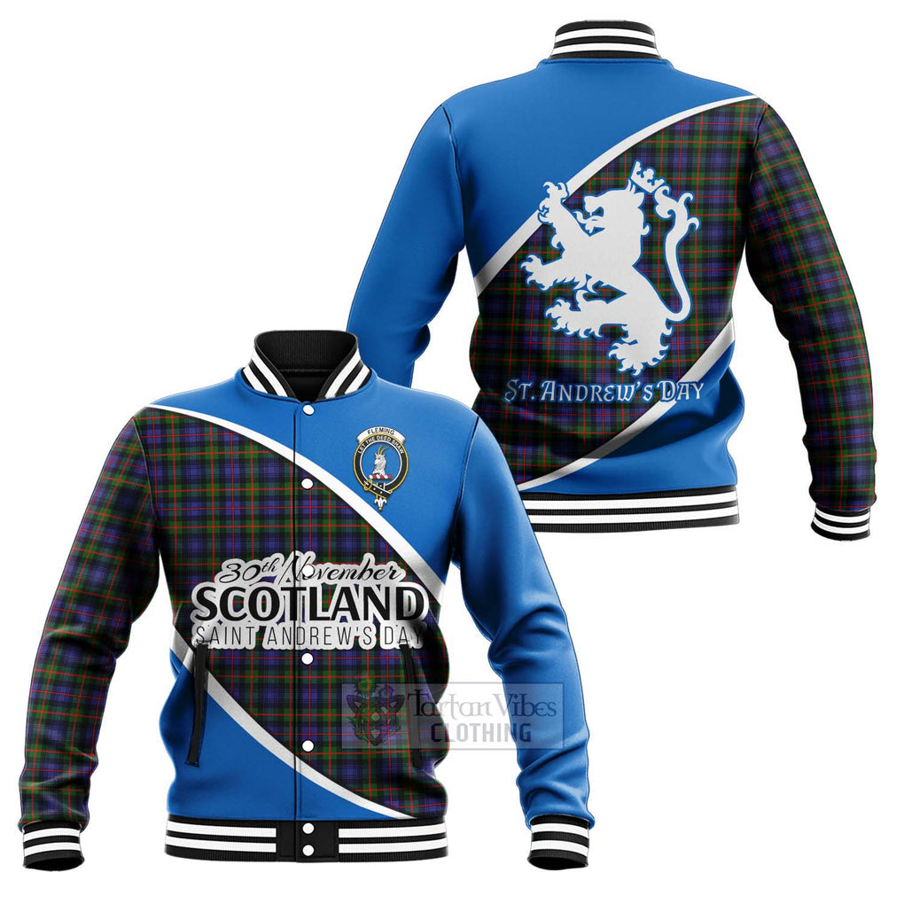 Tartan Vibes Clothing Fleming Family Crest Tartan Baseball Jacket Celebrate Saint Andrew's Day in Style