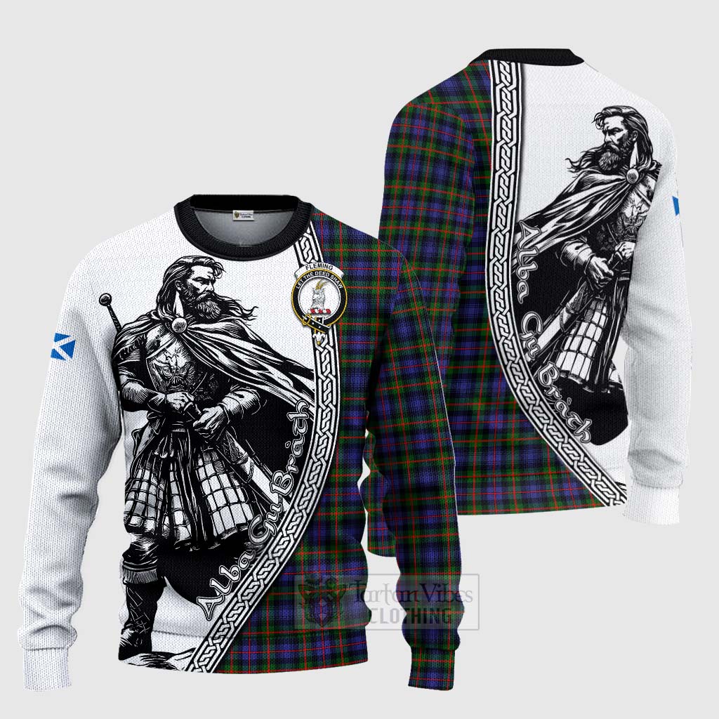 Tartan Vibes Clothing Fleming Tartan Clan Crest Knitted Sweater with Highlander Warrior Celtic Style