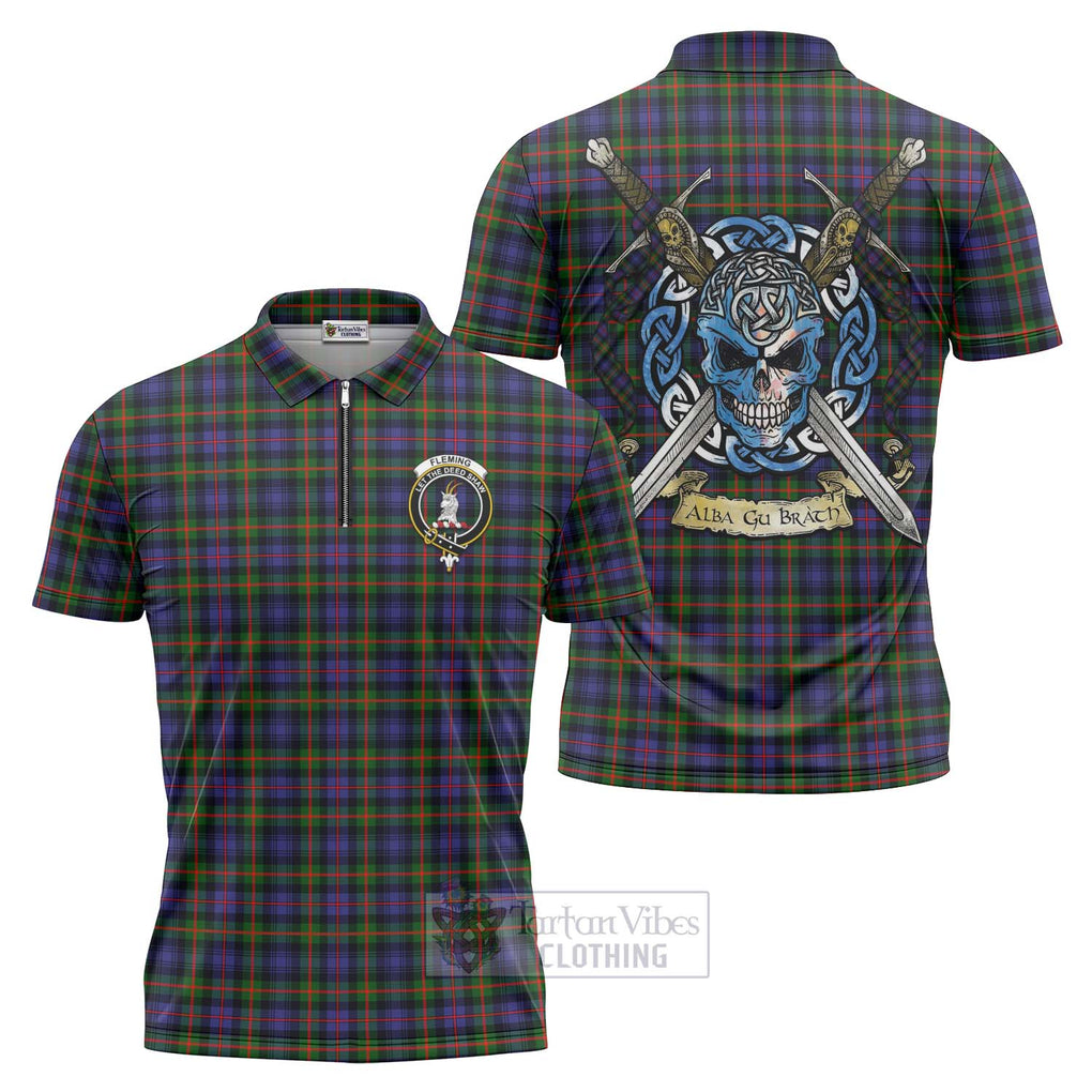 Fleming Tartan Zipper Polo Shirt with Family Crest Celtic Skull Style Unisex - Tartan Vibes Clothing