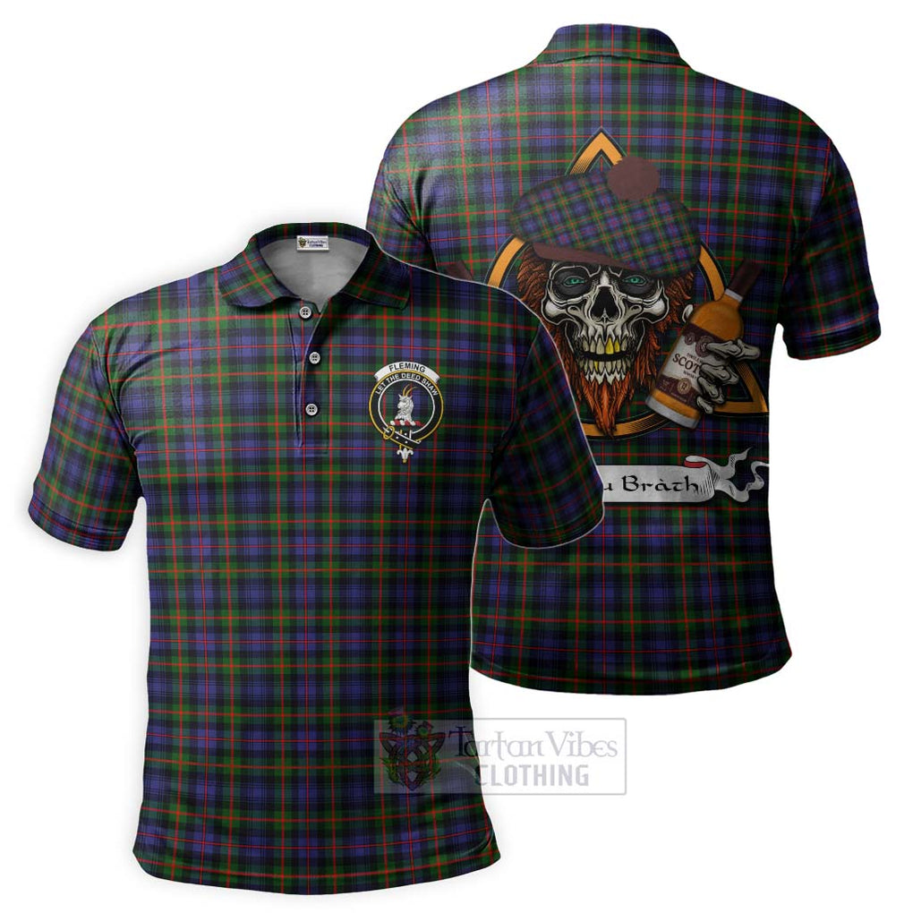 Tartan Vibes Clothing Fleming Tartan Polo Shirt with Family Crest and Bearded Skull Holding Bottles of Whiskey