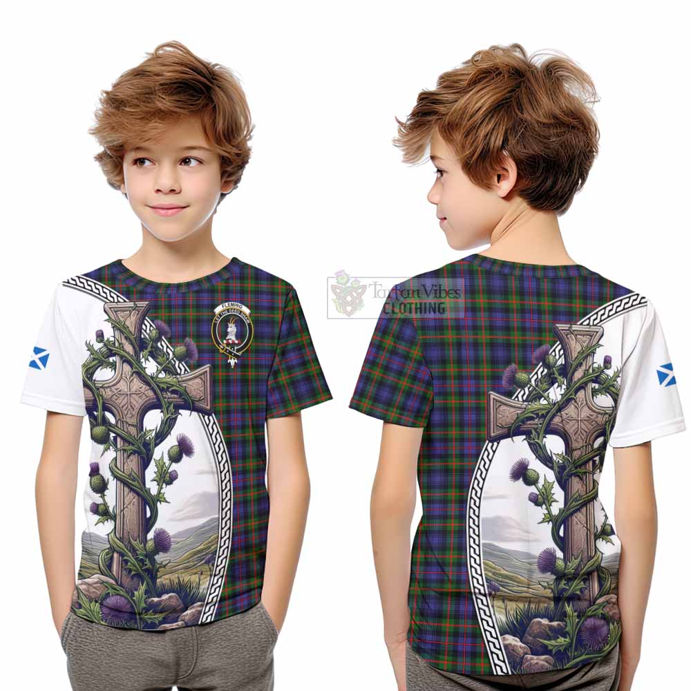 Tartan Vibes Clothing Fleming Tartan Kid T-Shirt with Family Crest and St. Andrew's Cross Accented by Thistle Vines