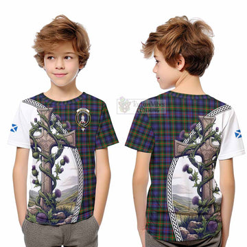 Tartan Vibes Clothing Fleming Tartan Kid T-Shirt with Family Crest and St. Andrew's Cross Accented by Thistle Vines