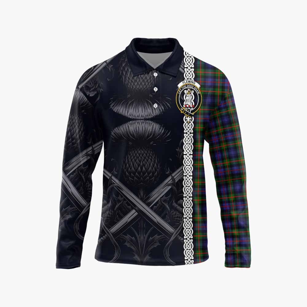 Tartan Vibes Clothing Fleming Tartan Long Sleeve Polo Shirt with Family Crest Cross Sword Thistle Celtic Vibes