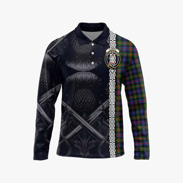 Tartan Vibes Clothing Fleming Tartan Long Sleeve Polo Shirt with Family Crest Cross Sword Thistle Celtic Vibes