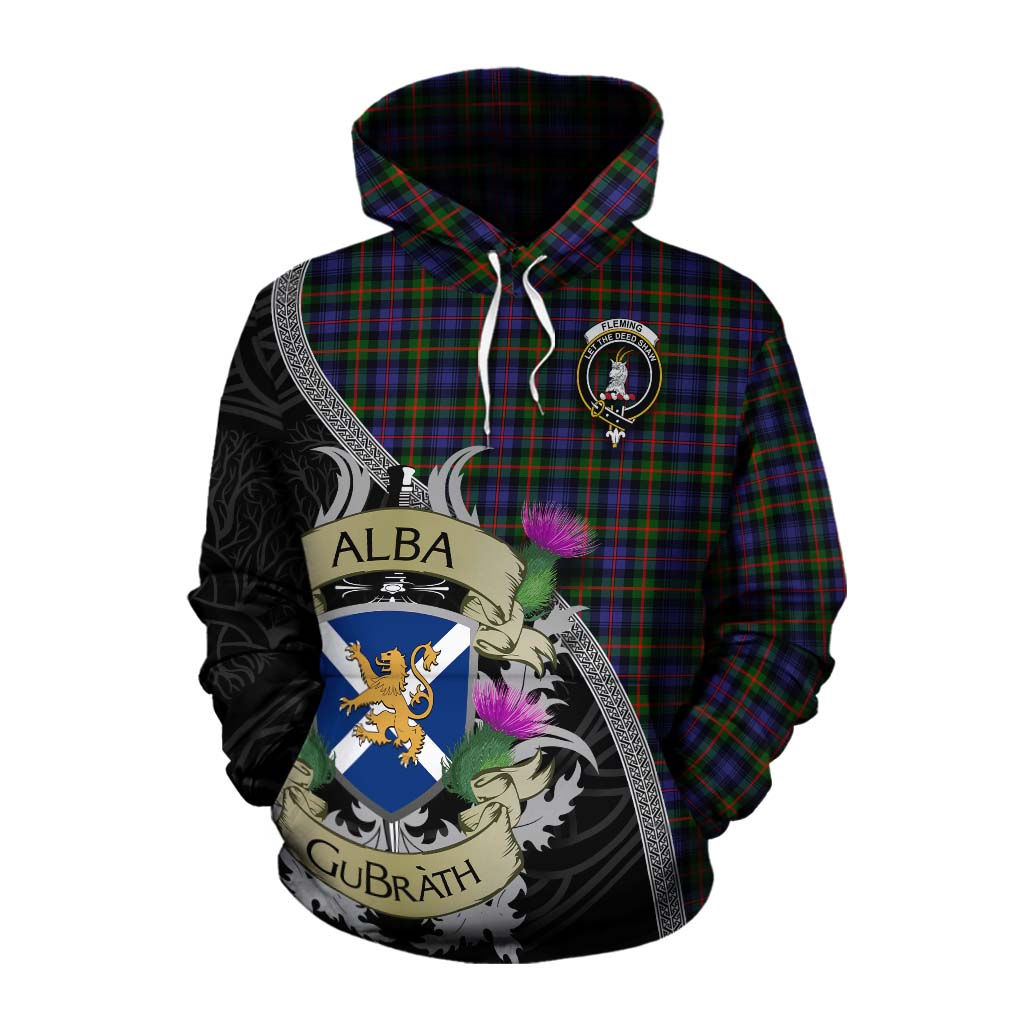 Tartan Vibes Clothing Fleming Tartan Family Crest Cotton Hoodie Lion Rampant Royal Thistle Shield Celtic Inspired