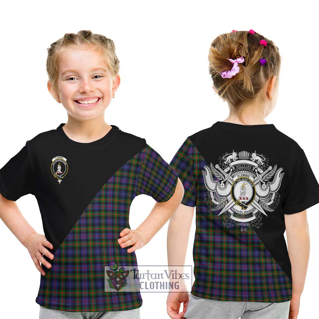 Fleming Tartan Kid T-Shirt with Family Crest and Military Logo Style - Tartanvibesclothing Shop