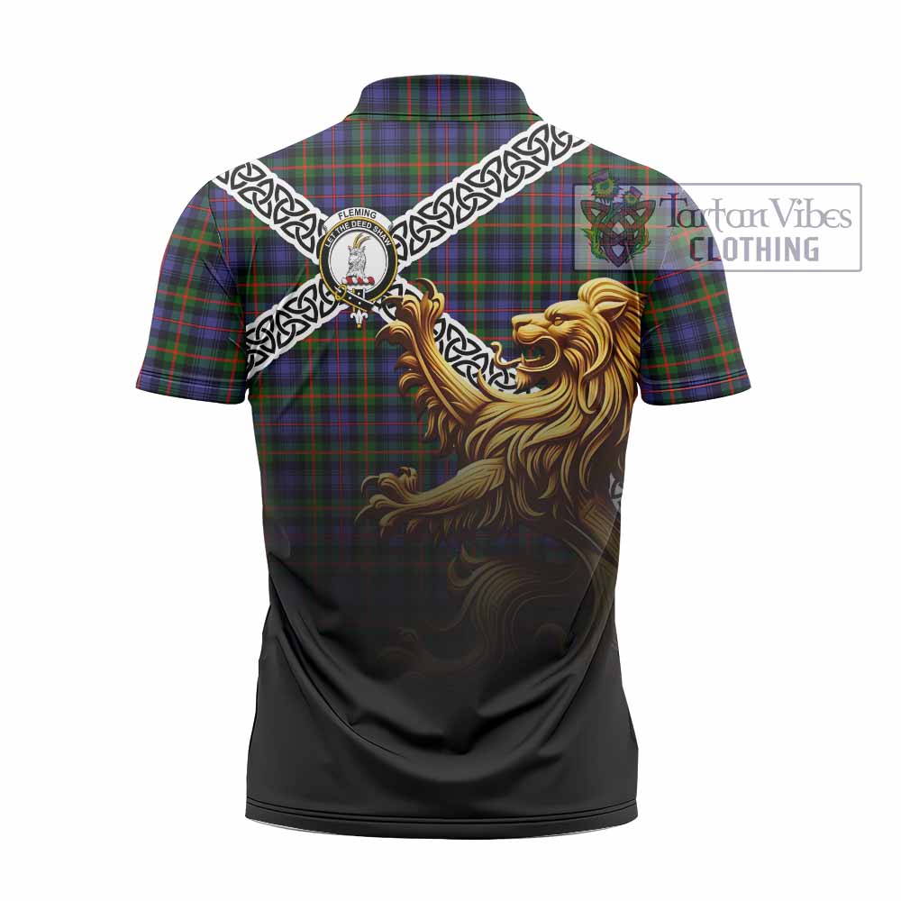 Tartan Vibes Clothing Fleming Crest Tartan Zipper Polo Shirt with Golden Lion Emblem Celtic Style