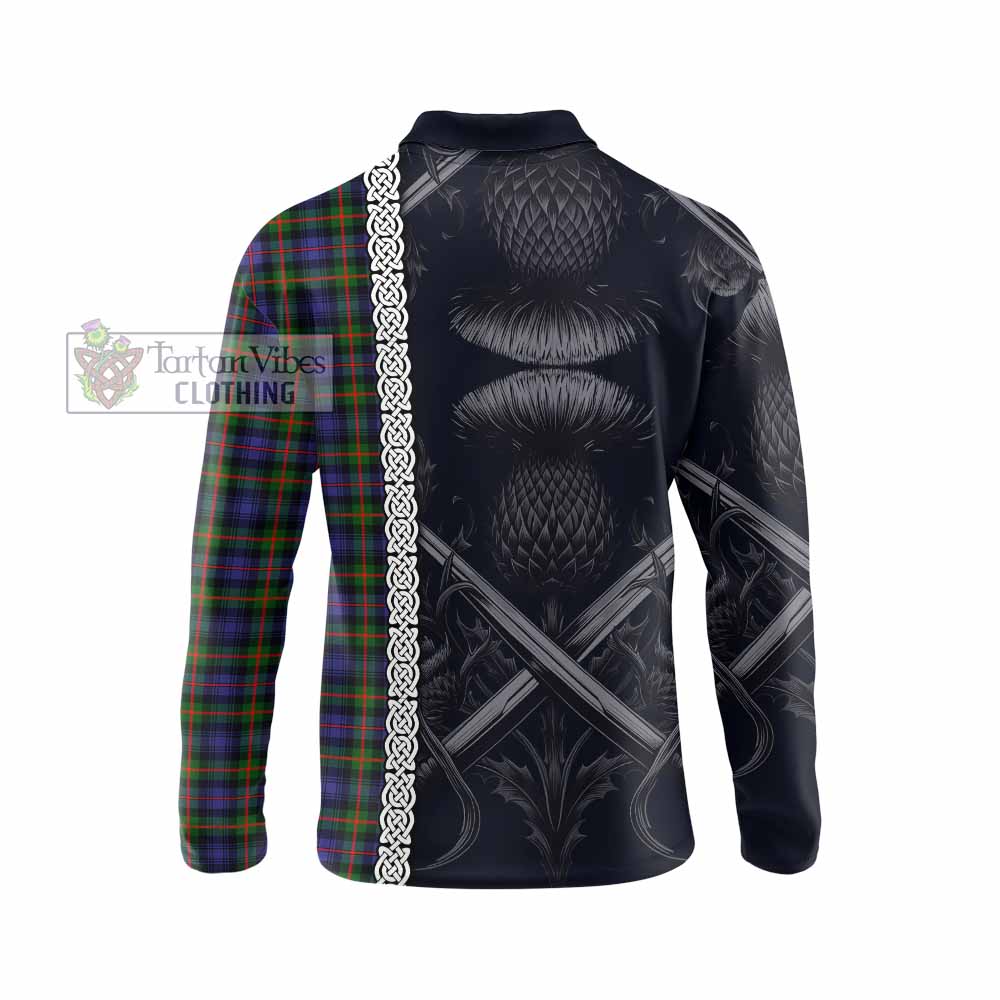 Tartan Vibes Clothing Fleming Tartan Long Sleeve Polo Shirt with Family Crest Cross Sword Thistle Celtic Vibes