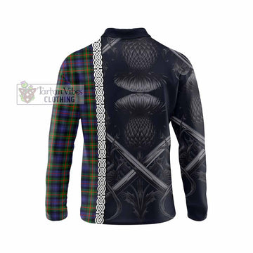 Tartan Vibes Clothing Fleming Tartan Long Sleeve Polo Shirt with Family Crest Cross Sword Thistle Celtic Vibes