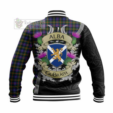 Tartan Vibes Clothing Fleming Tartan Family Crest Baseball Jacket Lion Rampant Royal Thistle Shield Celtic Inspired