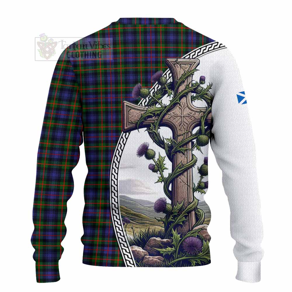 Tartan Vibes Clothing Fleming Tartan Knitted Sweater with Family Crest and St. Andrew's Cross Accented by Thistle Vines