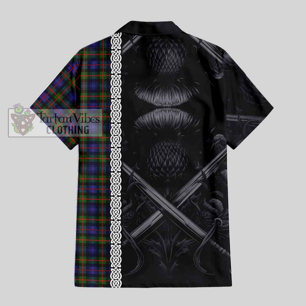 Tartan Vibes Clothing Fleming Tartan Short Sleeve Button Shirt with Family Crest Cross Sword Thistle Celtic Vibes