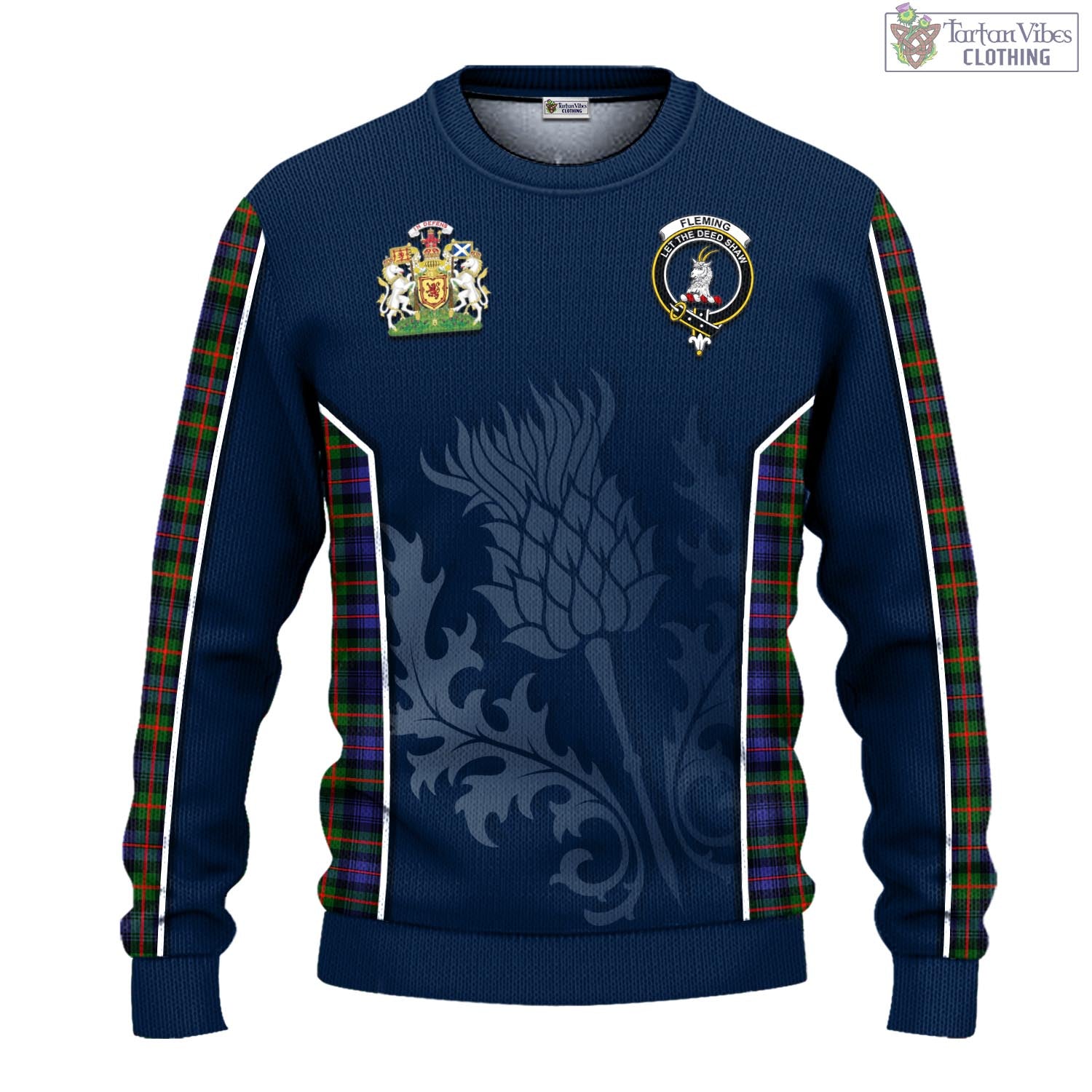 Tartan Vibes Clothing Fleming Tartan Knitted Sweatshirt with Family Crest and Scottish Thistle Vibes Sport Style