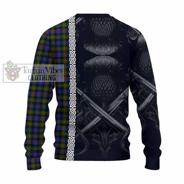 Tartan Vibes Clothing Fleming Tartan Knitted Sweater with Family Crest Cross Sword Thistle Celtic Vibes