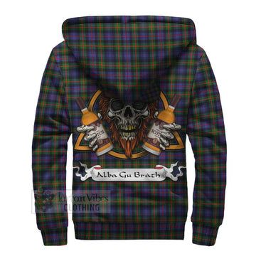Fleming Tartan Sherpa Hoodie with Family Crest and Bearded Skull Holding Bottles of Whiskey