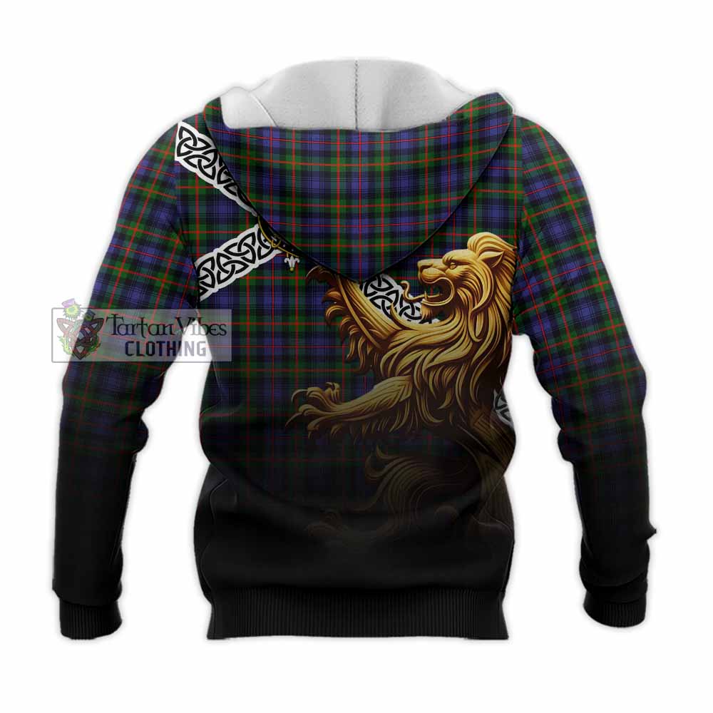 Tartan Vibes Clothing Fleming Crest Tartan Knitted Hoodie with Golden Lion Emblem Celtic Style