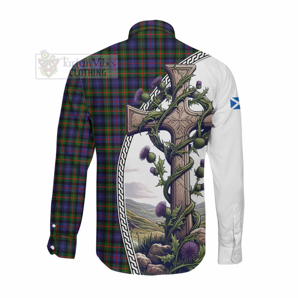 Tartan Vibes Clothing Fleming Tartan Long Sleeve Button Shirt with Family Crest and St. Andrew's Cross Accented by Thistle Vines