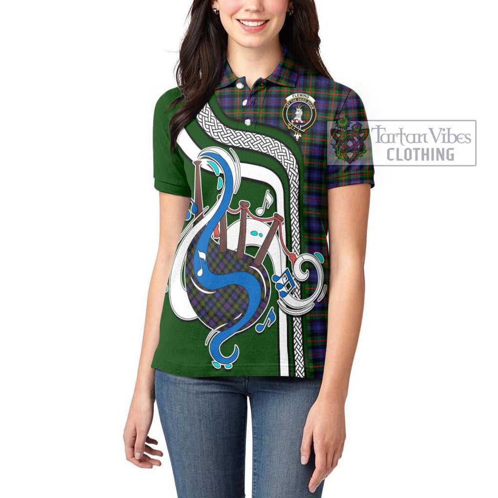 Fleming Tartan Women's Polo Shirt with Epic Bagpipe Style - Tartanvibesclothing Shop