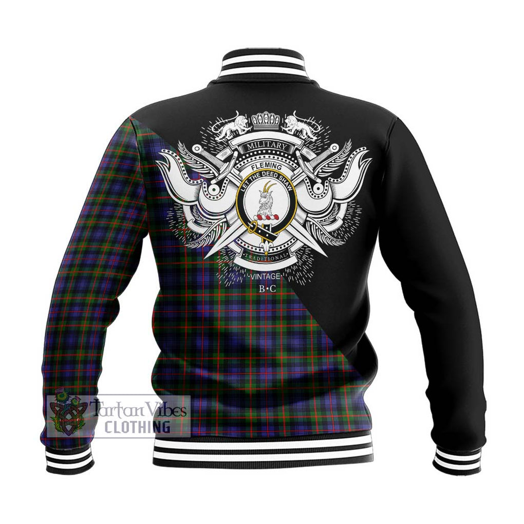 Fleming Tartan Baseball Jacket with Family Crest and Military Logo Style - Tartanvibesclothing Shop