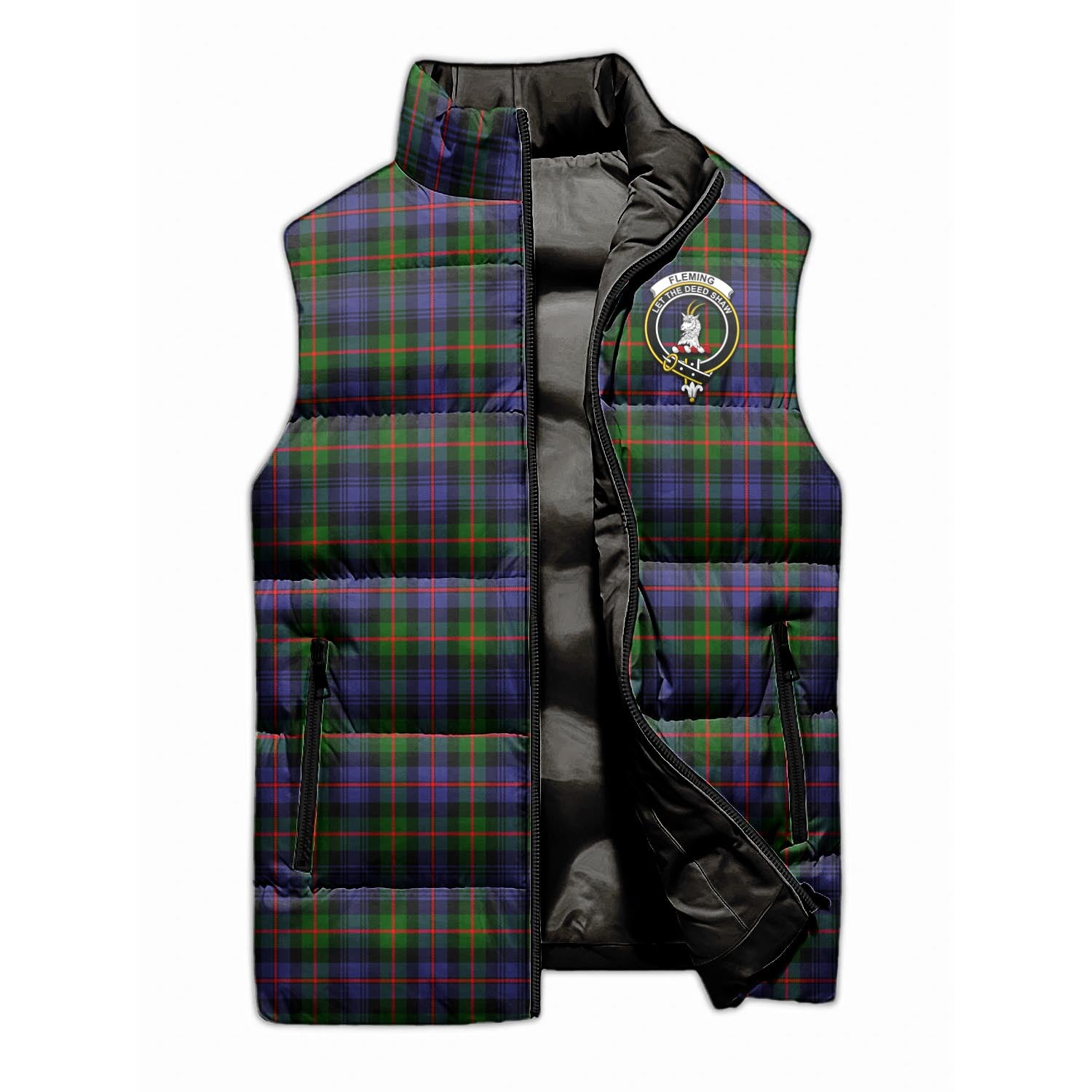 Fleming Tartan Sleeveless Puffer Jacket with Family Crest - Tartanvibesclothing