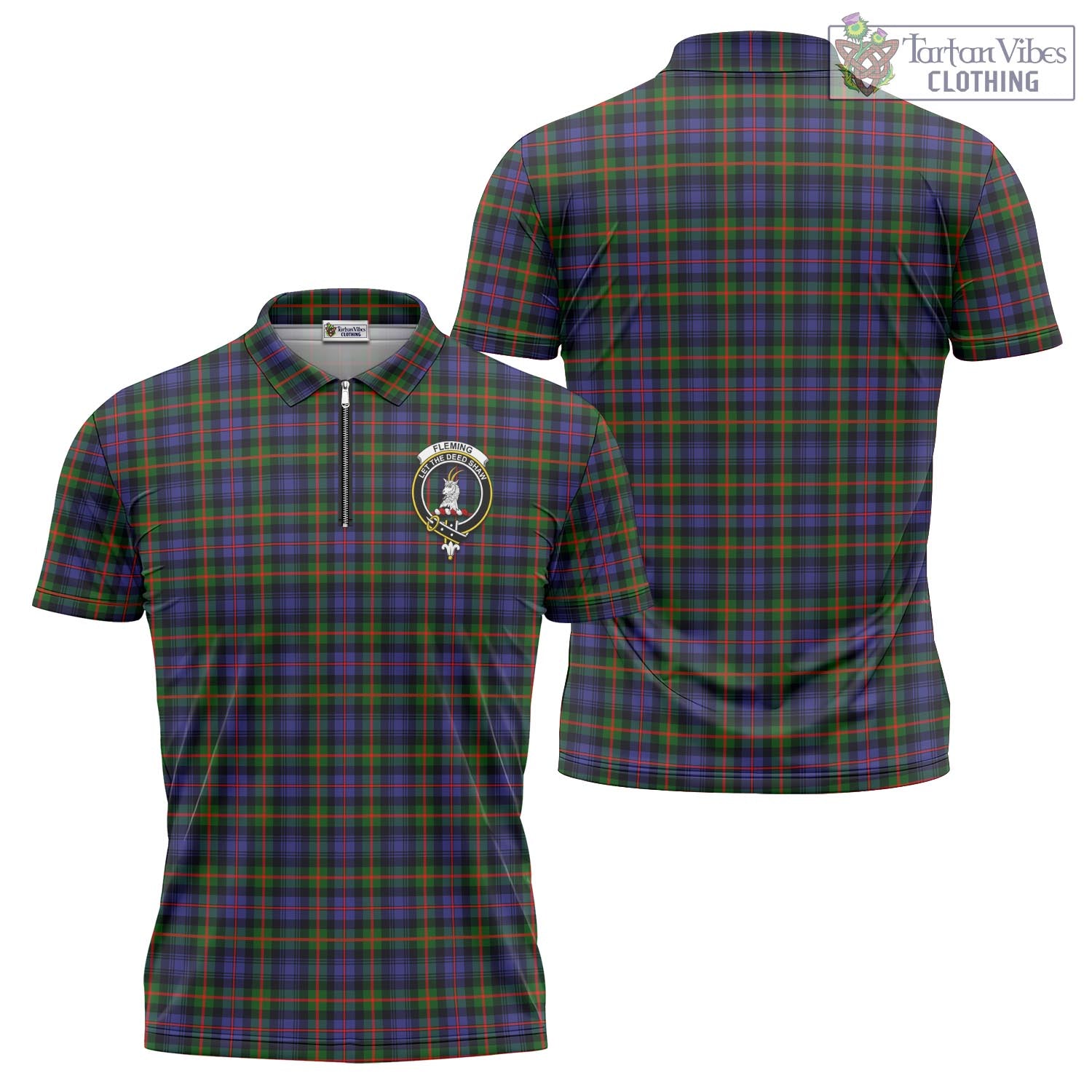 Tartan Vibes Clothing Fleming Tartan Zipper Polo Shirt with Family Crest