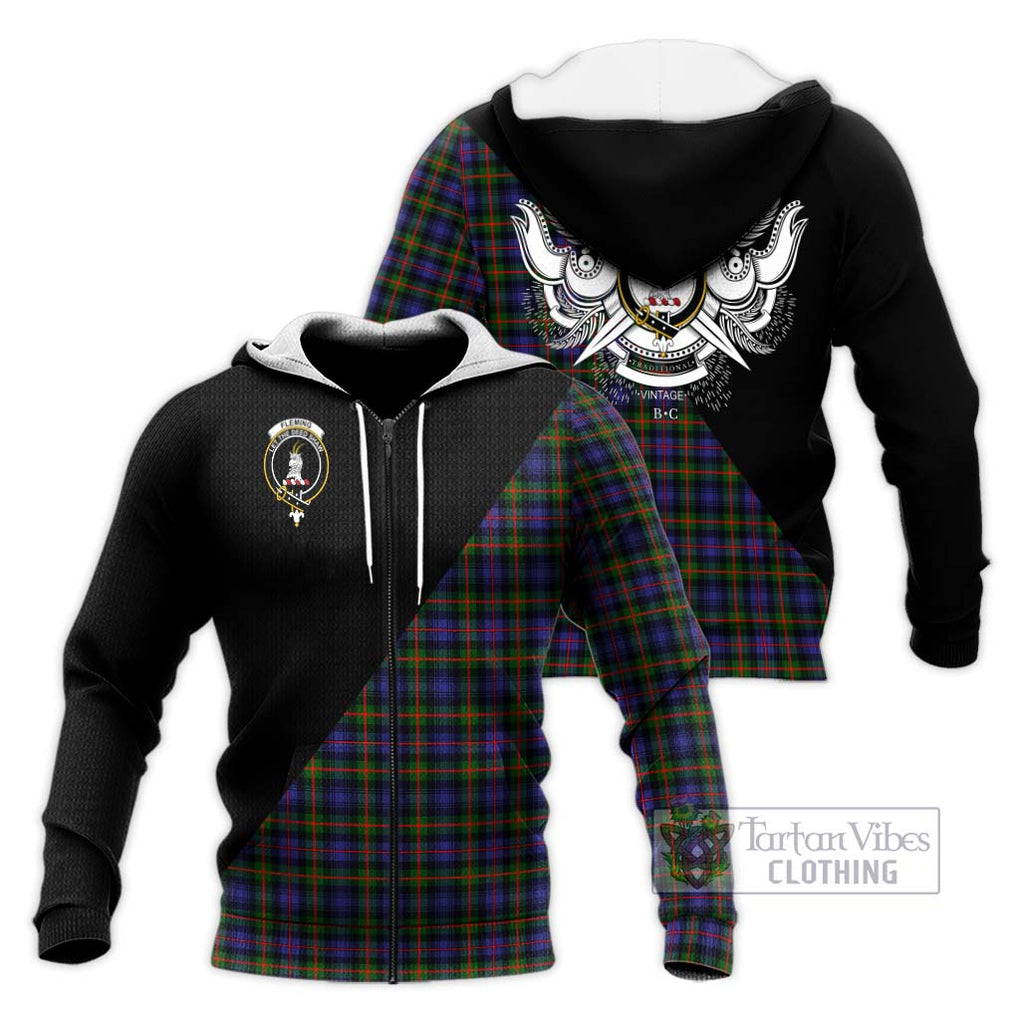 Fleming Tartan Knitted Hoodie with Family Crest and Military Logo Style Unisex Knitted Zip Hoodie - Tartanvibesclothing Shop
