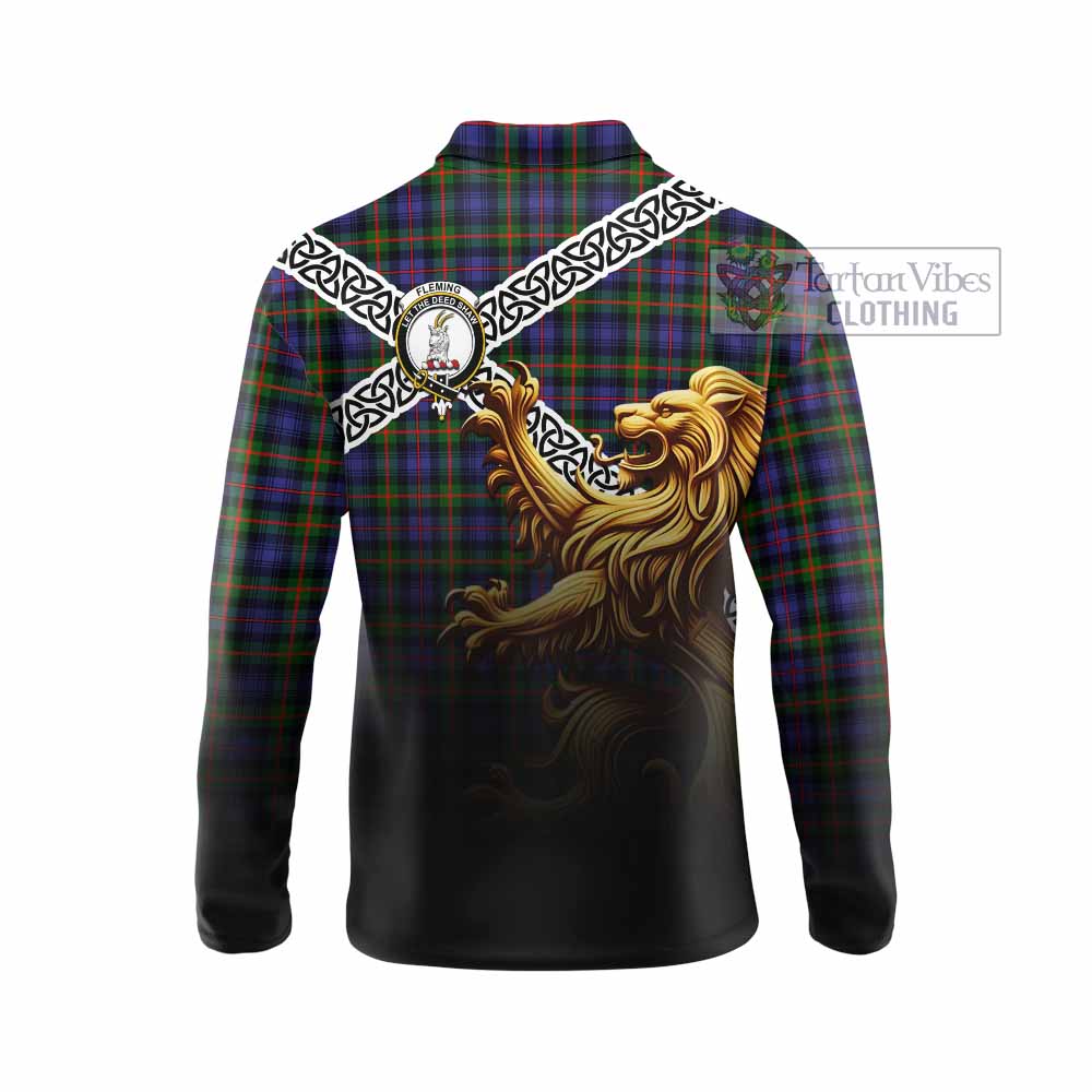 Tartan Vibes Clothing Fleming Crest Tartan Long Sleeve Polo Shirt with Golden Lion Emblem Celtic Style