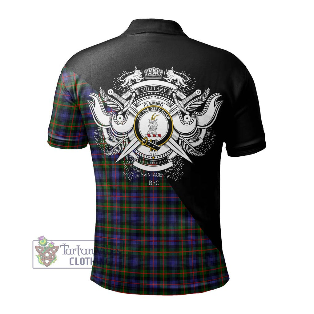 Fleming Tartan Polo Shirt with Family Crest and Military Logo Style - Tartanvibesclothing Shop