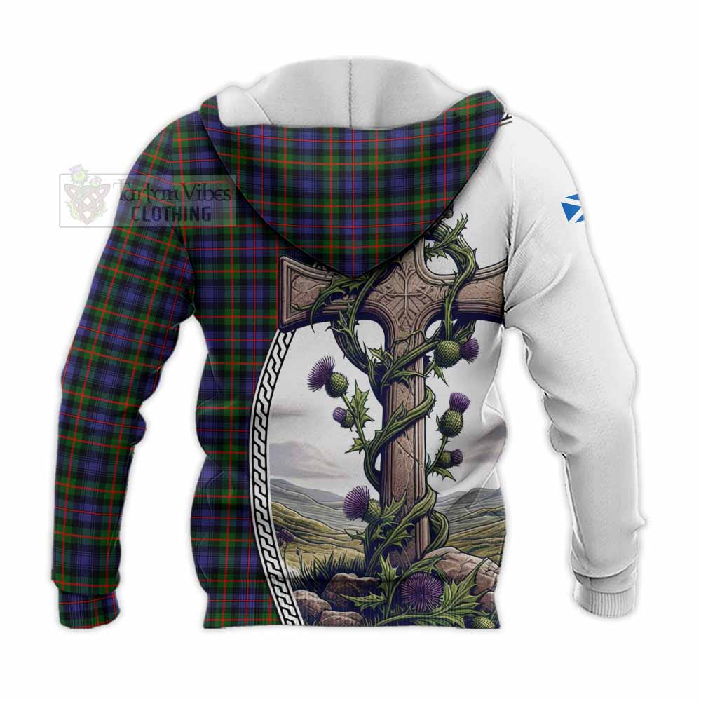 Tartan Vibes Clothing Fleming Tartan Knitted Hoodie with Family Crest and St. Andrew's Cross Accented by Thistle Vines