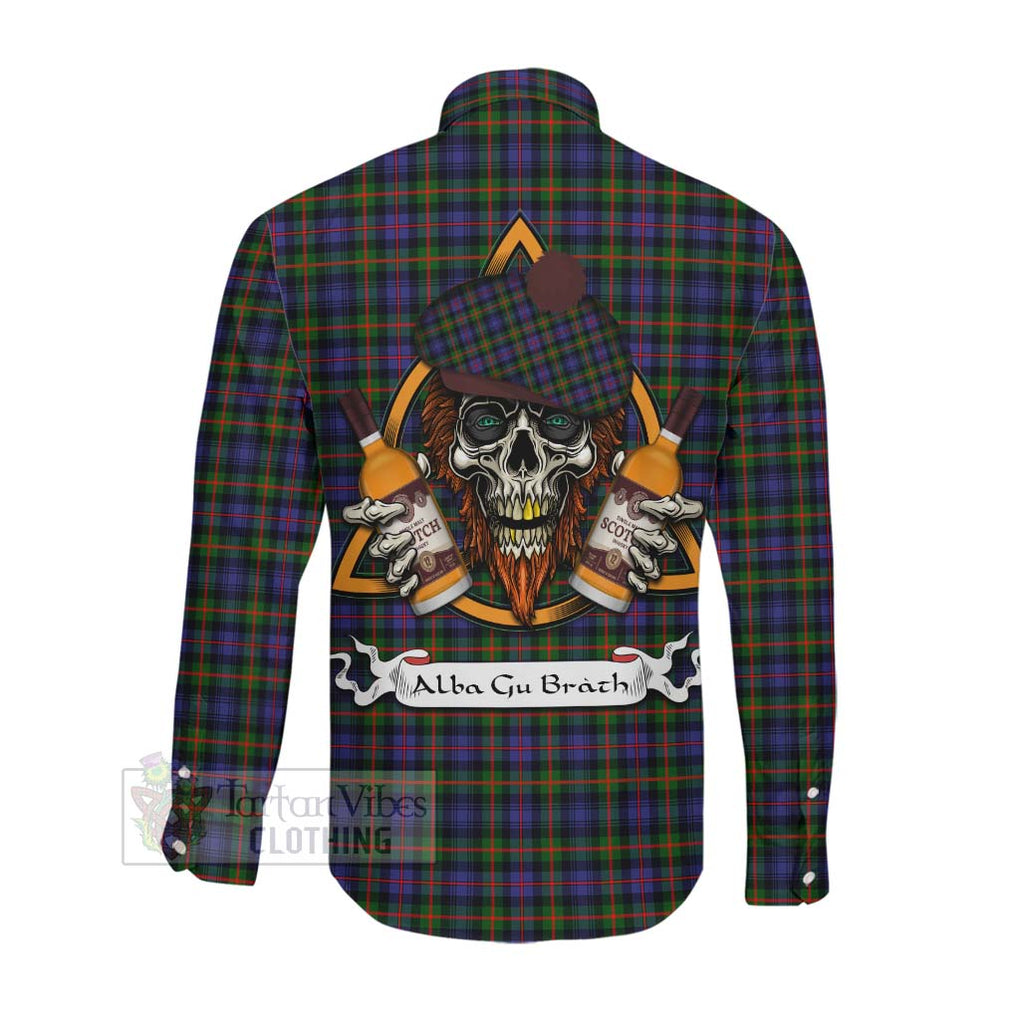 Tartan Vibes Clothing Fleming Tartan Long Sleeve Button Shirt with Family Crest and Bearded Skull Holding Bottles of Whiskey