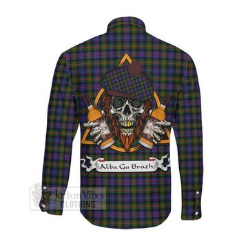 Fleming Tartan Long Sleeve Button Shirt with Family Crest and Bearded Skull Holding Bottles of Whiskey