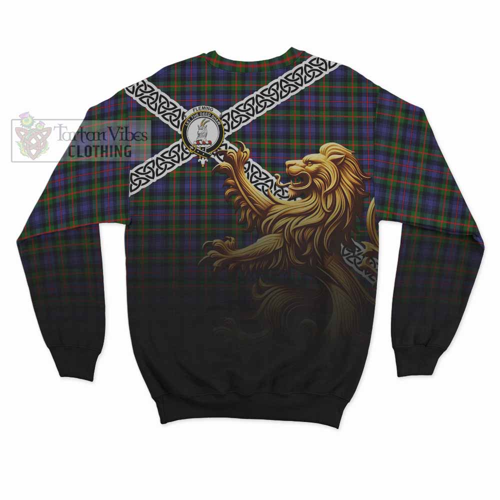 Fleming Crest Tartan Sweatshirt with Golden Lion Emblem Celtic Style - Tartan Vibes Clothing