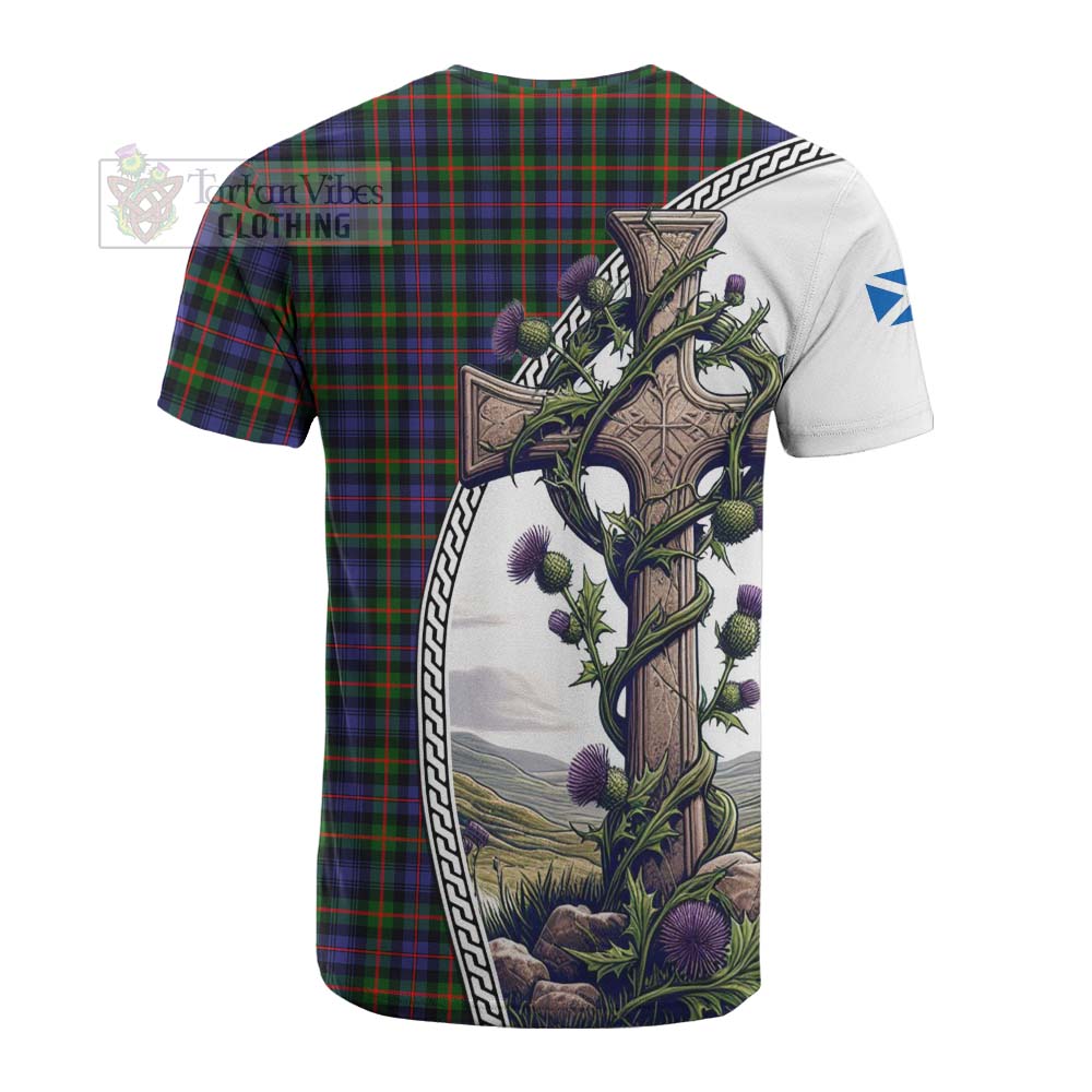 Tartan Vibes Clothing Fleming Tartan Cotton T-shirt with Family Crest and St. Andrew's Cross Accented by Thistle Vines
