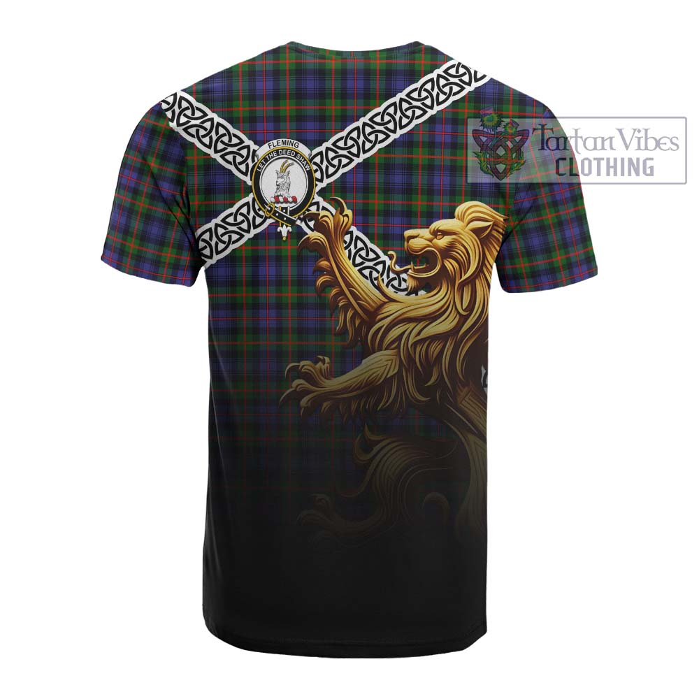 Fleming Crest Tartan Cotton T-shirt with Golden Lion Emblem Celtic Style - Tartan Vibes Clothing