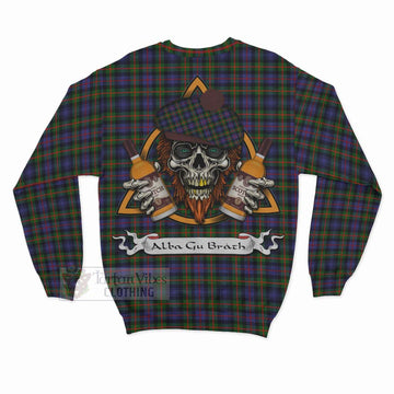 Fleming Tartan Sweatshirt with Family Crest and Bearded Skull Holding Bottles of Whiskey