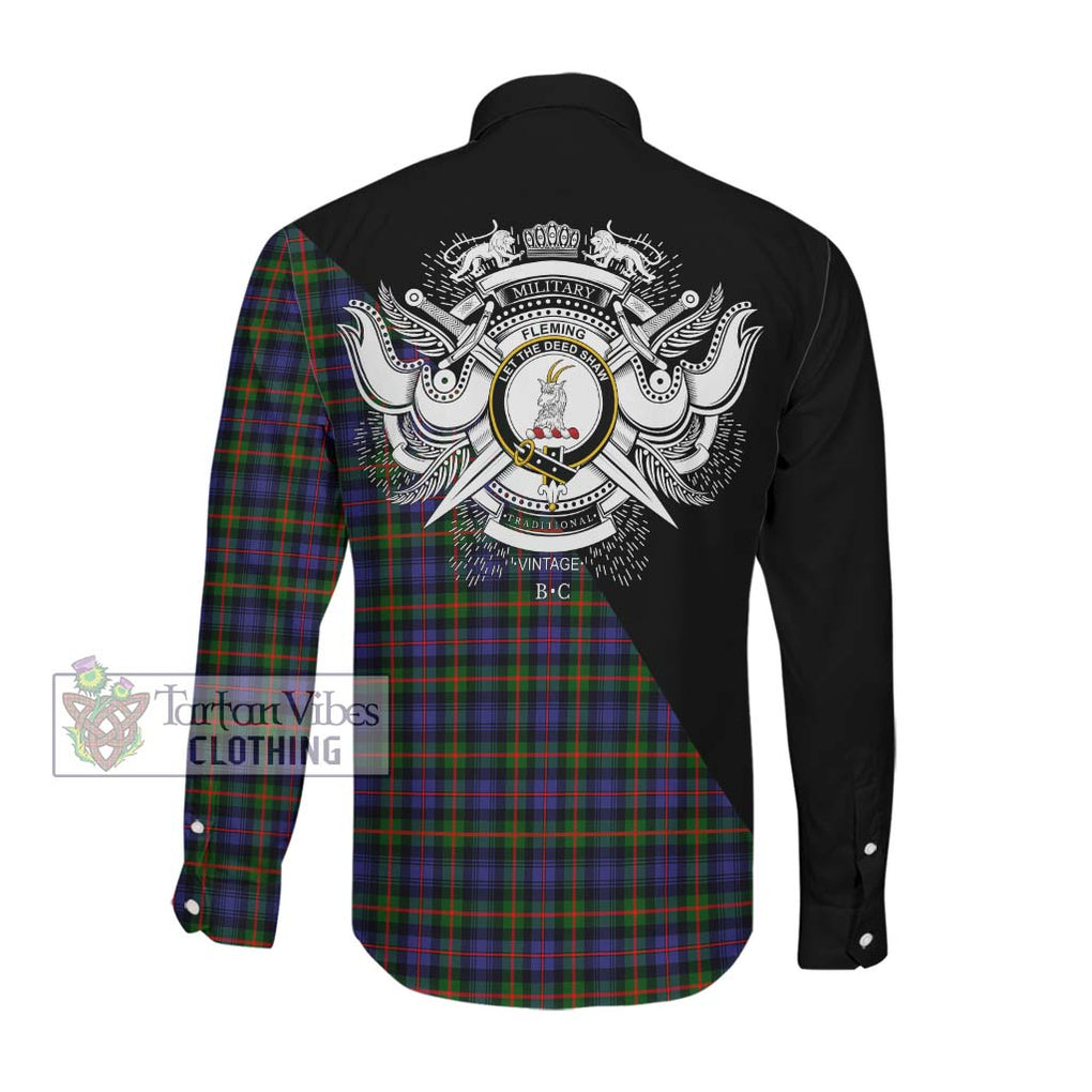 Fleming Tartan Long Sleeve Button Shirt with Family Crest and Military Logo Style Men's Shirt - Tartanvibesclothing Shop