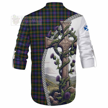 Fleming Tartan Ghillie Kilt Shirt with Family Crest and St. Andrew's Cross Accented by Thistle Vines
