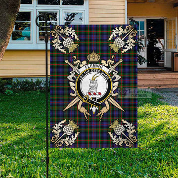 Fleming Tartan Garden Flag with Family Crest and Golden Thistle Crossed Sword Design