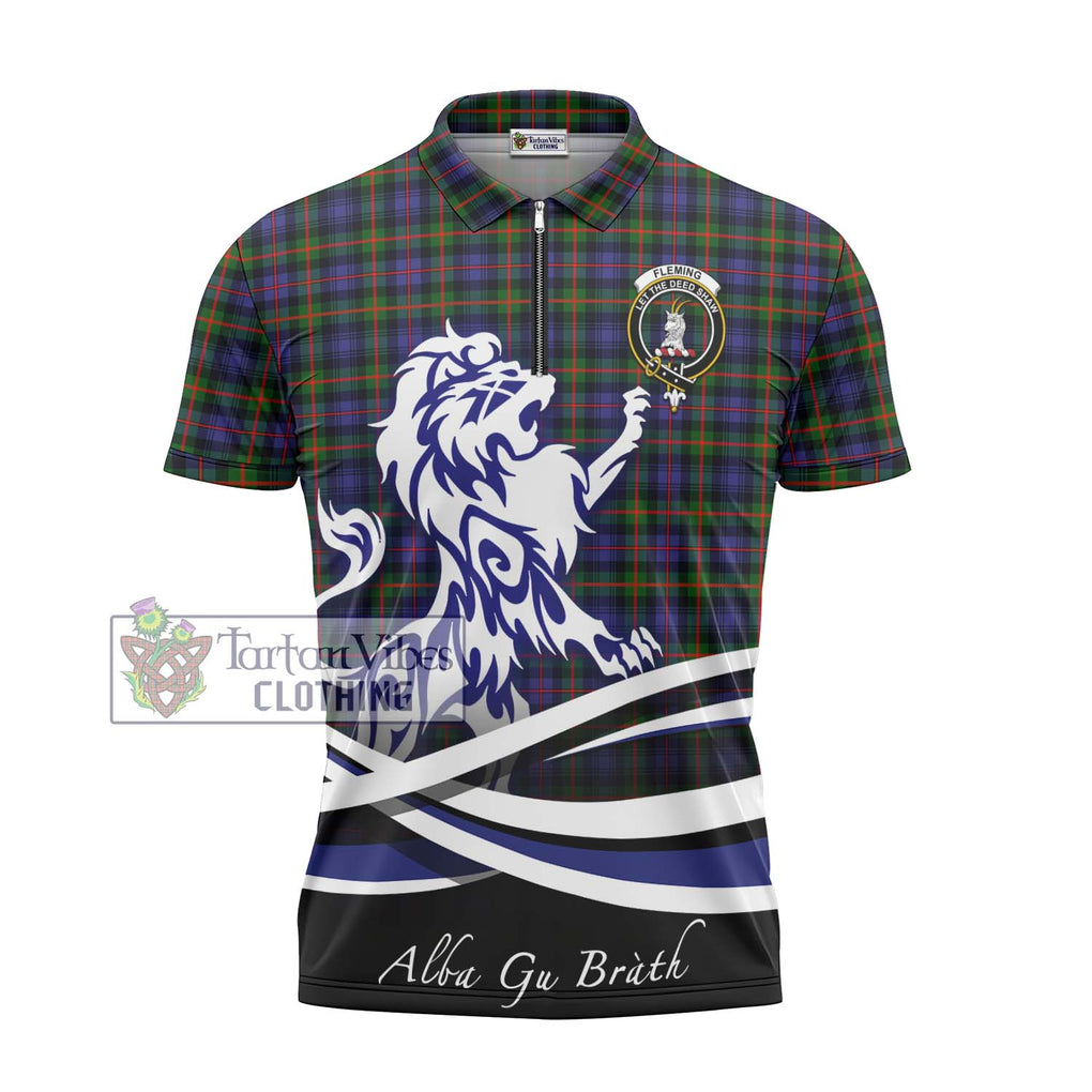 Fleming Tartan Zipper Polo Shirt with Alba Gu Brath Regal Lion Emblem - Tartanvibesclothing Shop