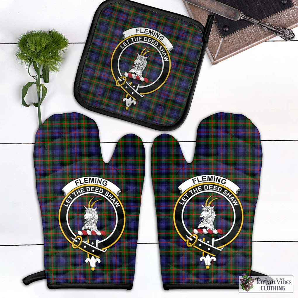 Fleming Tartan Combo Oven Mitt & Pot-Holder with Family Crest Combo 1 Oven Mitt & 1 Pot-Holder Black - Tartan Vibes Clothing
