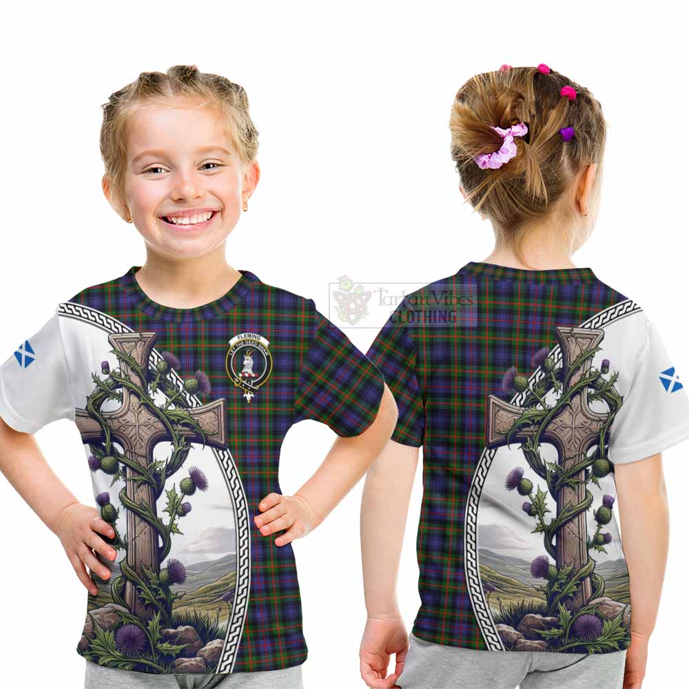 Tartan Vibes Clothing Fleming Tartan Kid T-Shirt with Family Crest and St. Andrew's Cross Accented by Thistle Vines